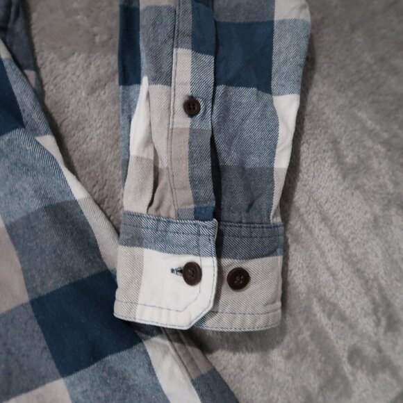 Red Head Shirt Mens M Blue Checks Flannel Button Up Collared Workwear Casual - Picture 9 of 16